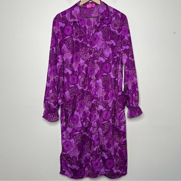 All Nylon Women Dress Large Purple Floral‎ Chiffon Chore Button Front Cottage - Picture 1 of 12